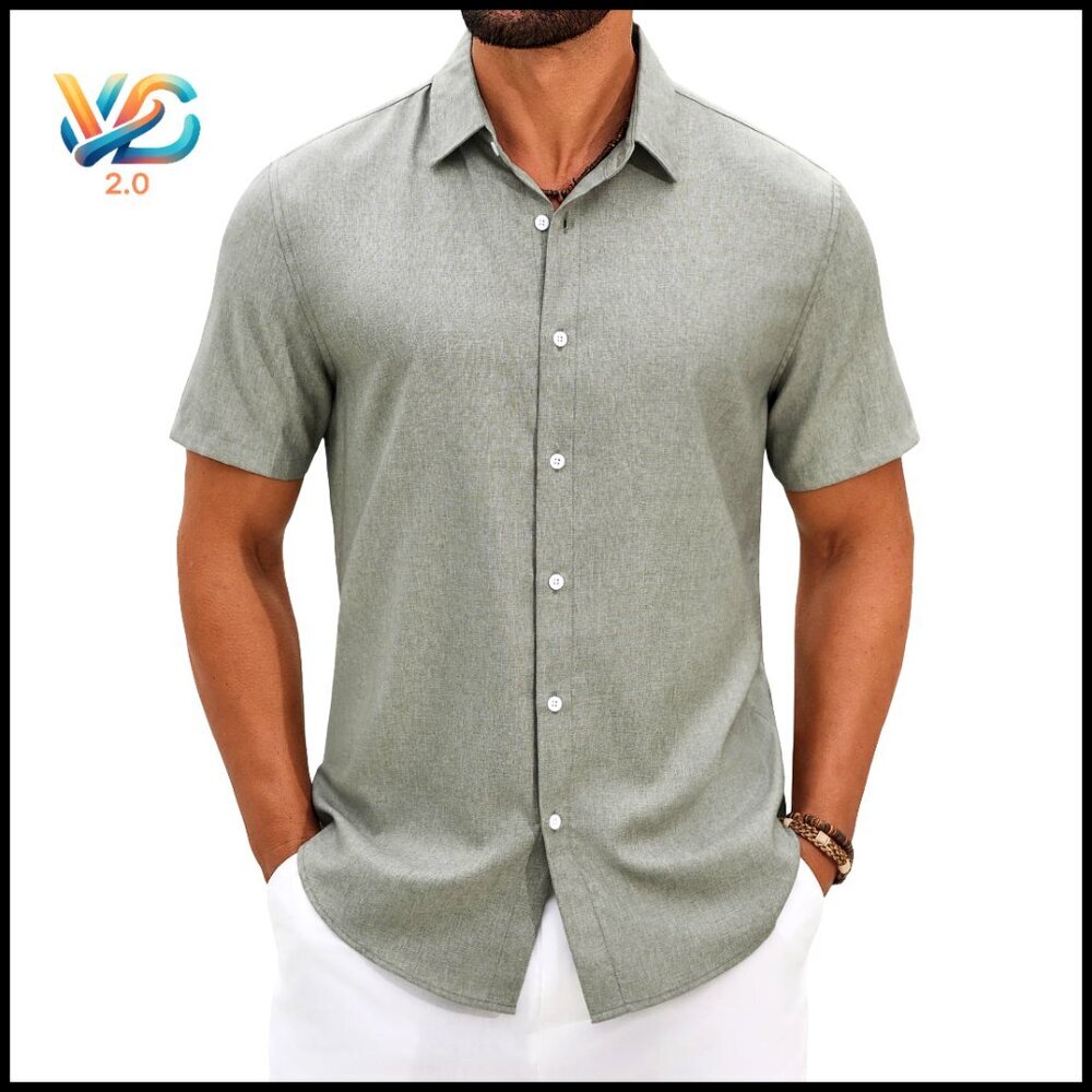Men's Short Sleeve Button Down Shirt Lightweight‎ Linen Texture Summer Casual